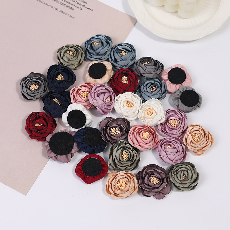韩国diy烧边花朵带花芯 立体花苞胸针胸花配件布艺玫瑰仿真花假花