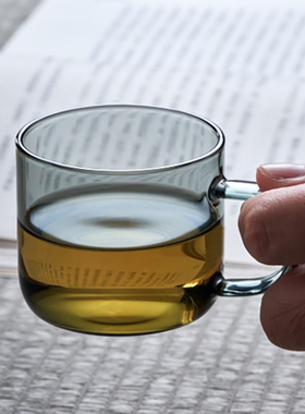 加厚耐热烟灰色玻璃品茗杯小茶杯家用带耳把杯