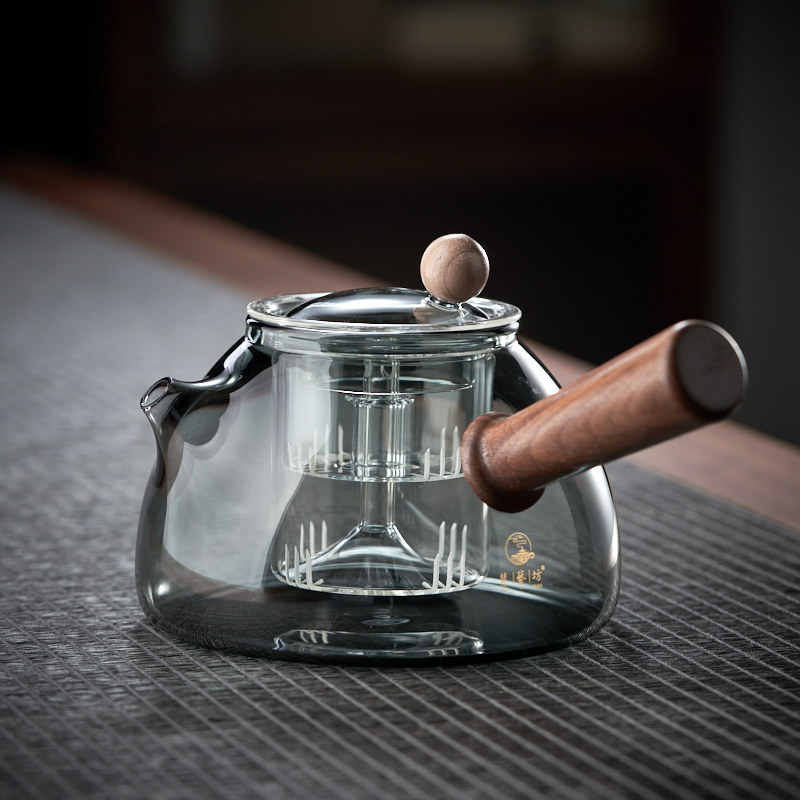 玻璃蒸煮一体茶壶高硼硅耐热玻璃实木侧把壶电陶炉煮茶壶木把茶具