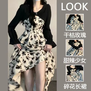 绝美复古碎花连衣裙子春装女2023新款甜辣风茶歇法式桔梗两件套装