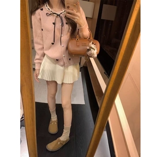 韩系学院风爱心圆领毛衣百褶裙两件套装 女多巴胺色系系带针织外套