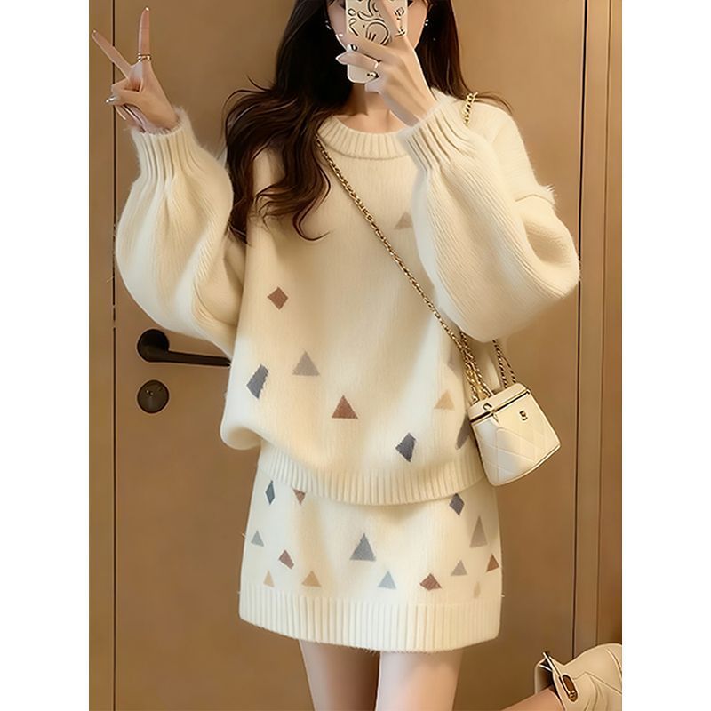 温柔风针织短裙套装女春秋冬甜美穿搭一整套毛衣半身裙两件套显瘦