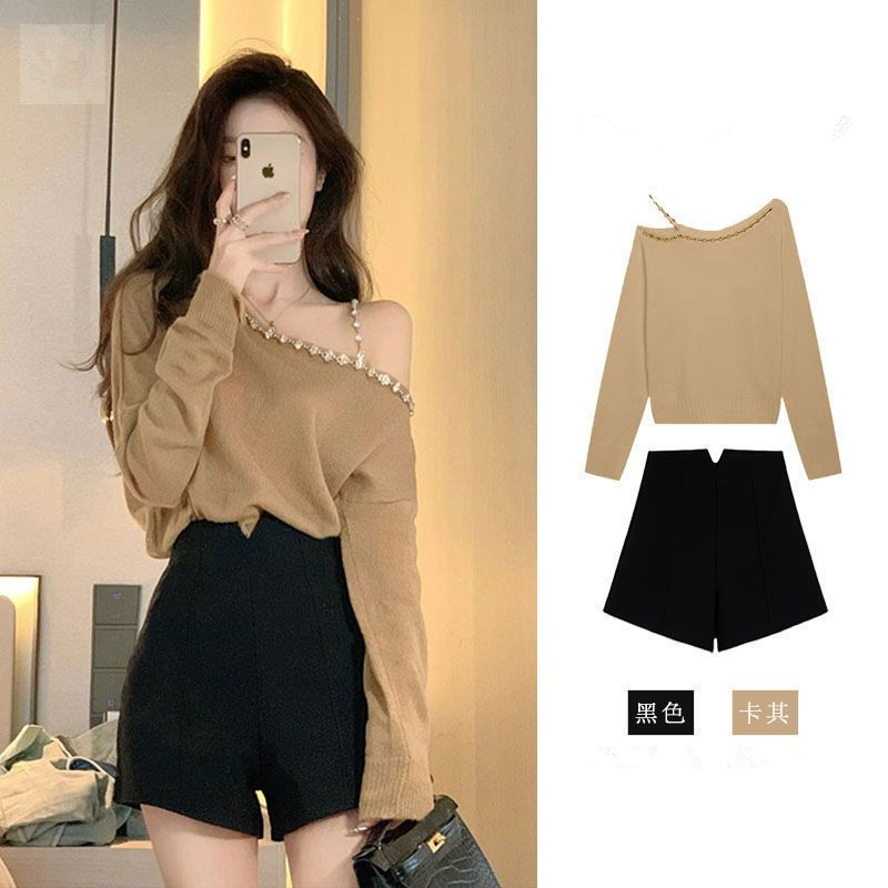 露肩镶钻一字肩针织衫上衣短裤春秋高端洋气短款纯欲毛衣两件套装,女装/女士精品,时尚套装,淘宝优惠券,粉丝福利购,淘宝优惠卷