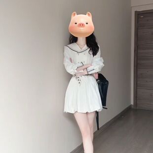 巨好看白色长袖连衣裙子女夏春秋海军领法式气质学院风花苞短裙