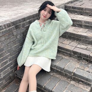 慵懒风绿色蝴蝶结毛衣百褶裙女秋冬小个子两件套装软糯甜美针织衫