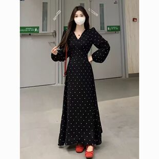 波点V领连衣裙春秋绑带微胖mm显瘦法式复古收腰长裙黑色长袖裙子