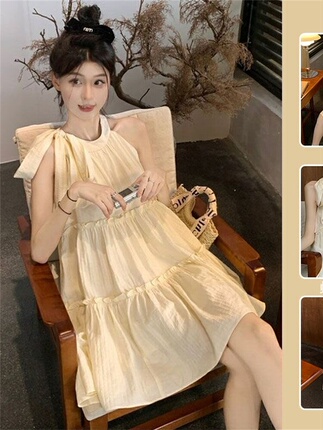 French-Style Sweet Sleeveless Halter Neck Dress for Women, Summer Elegant Petite A-Line Ruffled Princess Short Dress