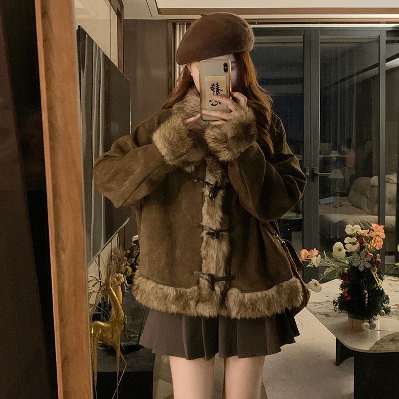 美拉德短款宽松毛毛领两件套