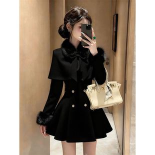 秋冬甜美千金公主小香风披肩斗篷外套收腰连衣裙气质毛领外套短裙