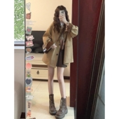 美拉德复古撞色翻领风衣外套女秋冬条纹今年流行爆款 小个子 中长款