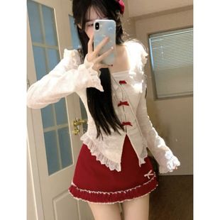 纯欲甜辣蕾丝花边衬衫 上衣女春秋穿搭木耳边高腰a字短裙两件套装