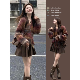 女秋冬季 美拉德穿搭高级感毛衣百褶裙两件套装 搭配一整套短款 秋装