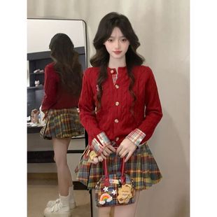 红色麻花针织开衫 女春秋冬穿搭学院风高腰撞色格纹短裙两件套装