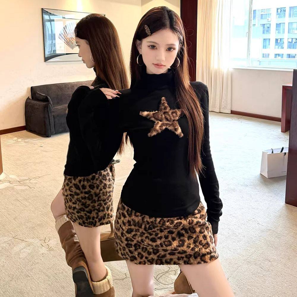 美式复古半高领长袖T恤女春秋上衣豹纹半身短裙甜酷辣妹两件套装,女装/女士精品,时尚套装,淘宝优惠券,粉丝福利购,淘宝优惠卷