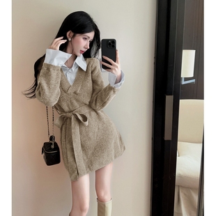短毛衣裙女 拼接系带收腰针织连衣裙女秋冬短款 慵懒韩版 假两件衬衫