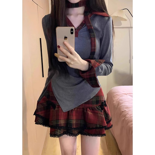 两件套裙装2025格子聚脂纤维