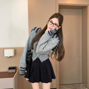 韩系条纹海军领毛衣短外套百褶裙女秋冬洋气减龄针织开衫 两件套装