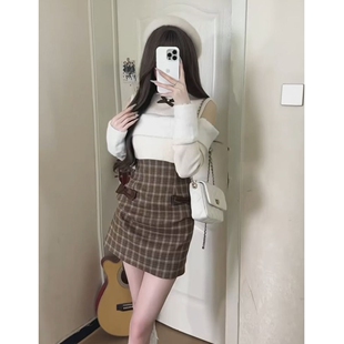 甜美蝴蝶结假两件拼接格子露肩连衣裙春秋学院风高腰显瘦包臀短裙