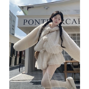 秋冬可爱少女甜美减龄奶系羊羔毛外套高腰短裙洋气两件套装裙ins