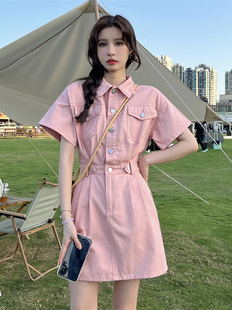 牛仔连衣裙女夏季2023新款复古港味可盐可甜polo领收腰短袖短裙子
