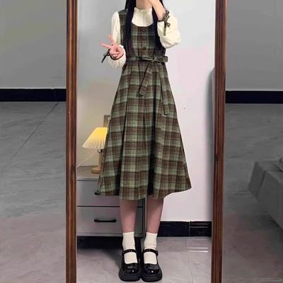 复古假两件格纹A字裙聚脂纤维