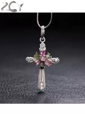 Natural tourmaline Sterling Silver Necklace Women choker Accessories Joker Small Design Cross Pendant Jewelry