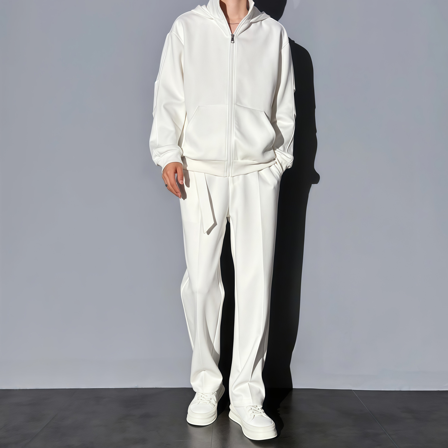 极简风白色连帽开衫卫衣男春秋季时尚运动两件套潮流宽松休闲套装