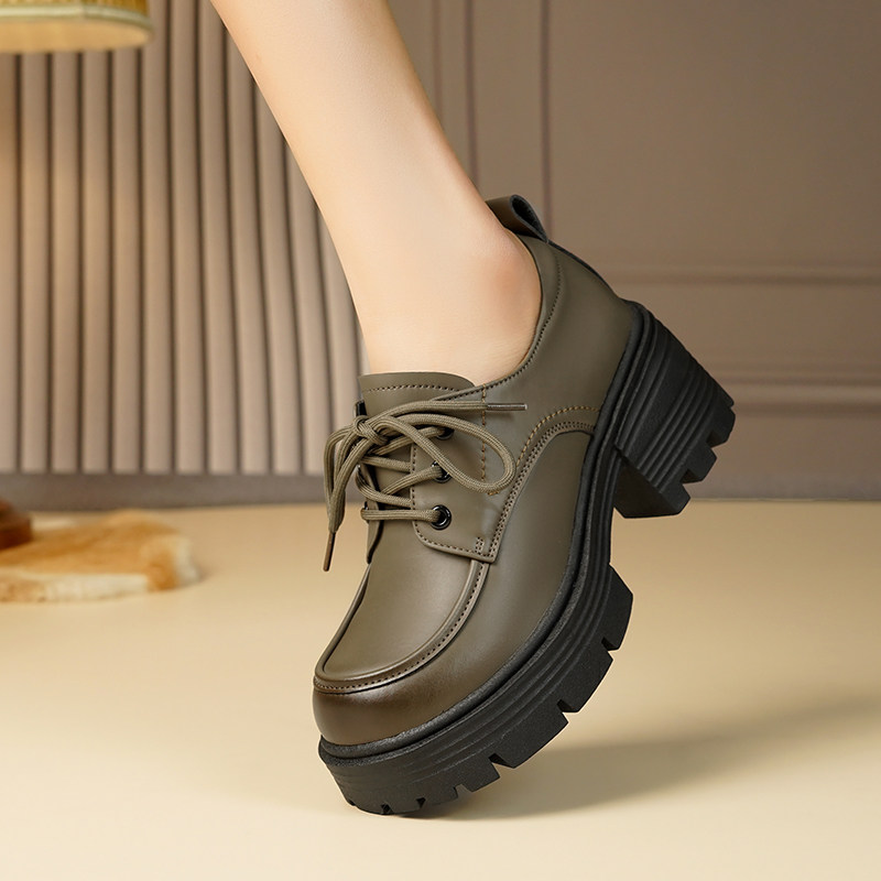 厚底小皮鞋女2026春秋季新款真皮高跟女鞋系带软底英伦风乐福单鞋