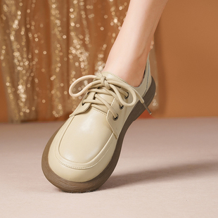 2025秋季新款牛皮英伦风女鞋真皮舒适牛筋平底乐福小皮鞋系带单鞋