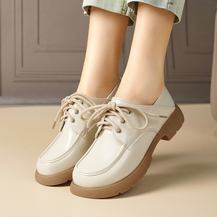 白色小皮鞋女真皮平底系带休闲鞋2025春秋新款英伦风粗跟乐福单鞋
