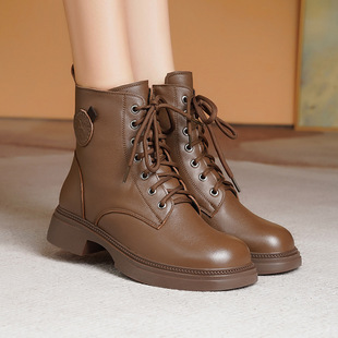 棕色短靴女冬加绒马丁靴真皮羊毛皮鞋皮毛一体东北雪地靴加厚保暖