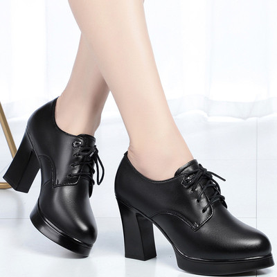 秋季妈妈鞋粗跟系带牛皮加绒女鞋