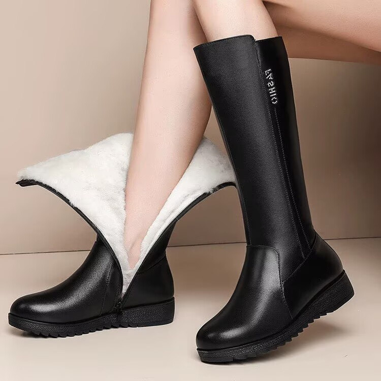 真皮百搭长靴皮靴高筒坡跟骑士靴