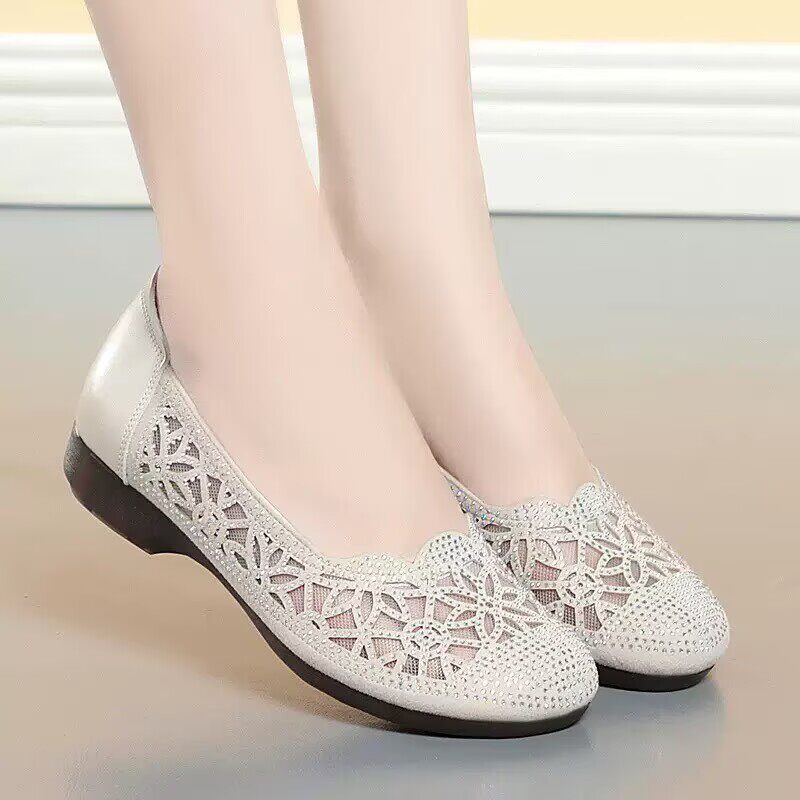 夏天网面透气女鞋网纱单鞋真皮平底镂空凉鞋软底软面牛筋底妈妈鞋