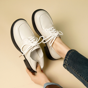 厚底小皮鞋女英伦风2025春秋季新款真皮粗跟系带白色女鞋乐福单鞋