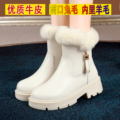 白色靴子保暖棉鞋女厚底兔毛短靴