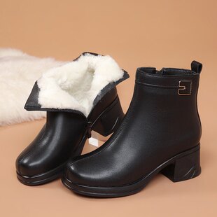 全牛皮短靴2025新款冬季女鞋子加绒高跟中年妈妈棉鞋真皮羊毛皮鞋