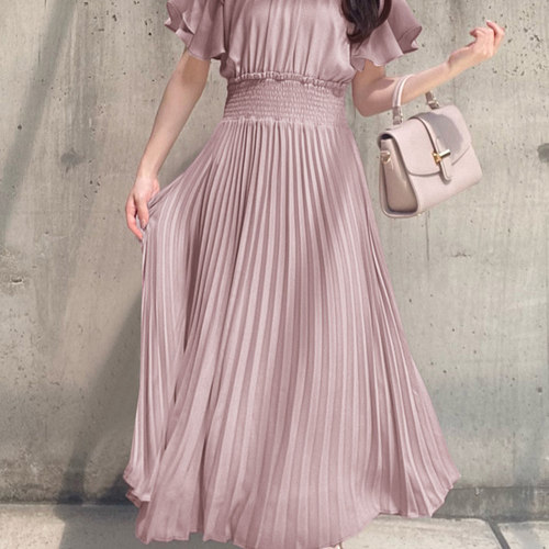 日本GRL官网代购包邮风琴裙后背蝴蝶结荷叶边袖褶裥连衣裙[al142]