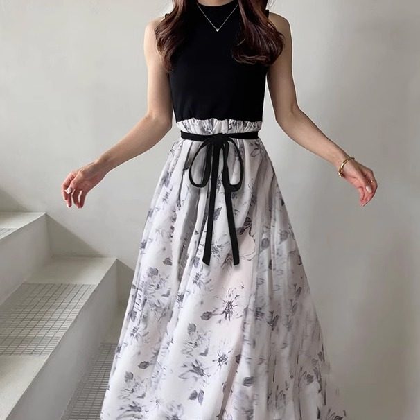 日本GRL官网代购包邮日系带蝴蝶结腰带花卉无袖喇叭连衣裙[tu812]