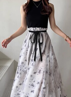 日本GRL官网代购包邮日系带蝴蝶结腰带花卉无袖喇叭连衣裙[tu812]