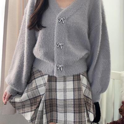 【日本GRL官网代购包邮】日系女装珠饰丝带羽毛针织开衫[kz600]