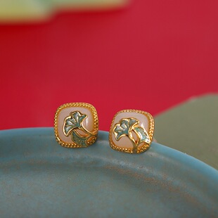 精致S925纯银镀金和田玉方形耳钉女银杏叶珐琅彩耳饰时尚百搭通勤