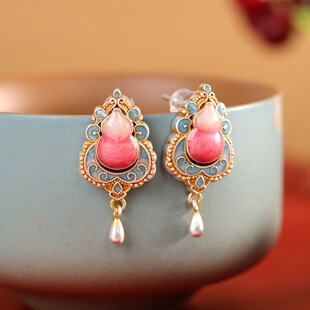 福禄足银999珐琅彩葫芦耳钉女中式国风纯银耳坠花丝旗袍汉服耳饰