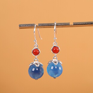 气质S925纯银蓝玛瑙耳环女时尚百搭圆形玉髓耳饰小清新耳钩饰品