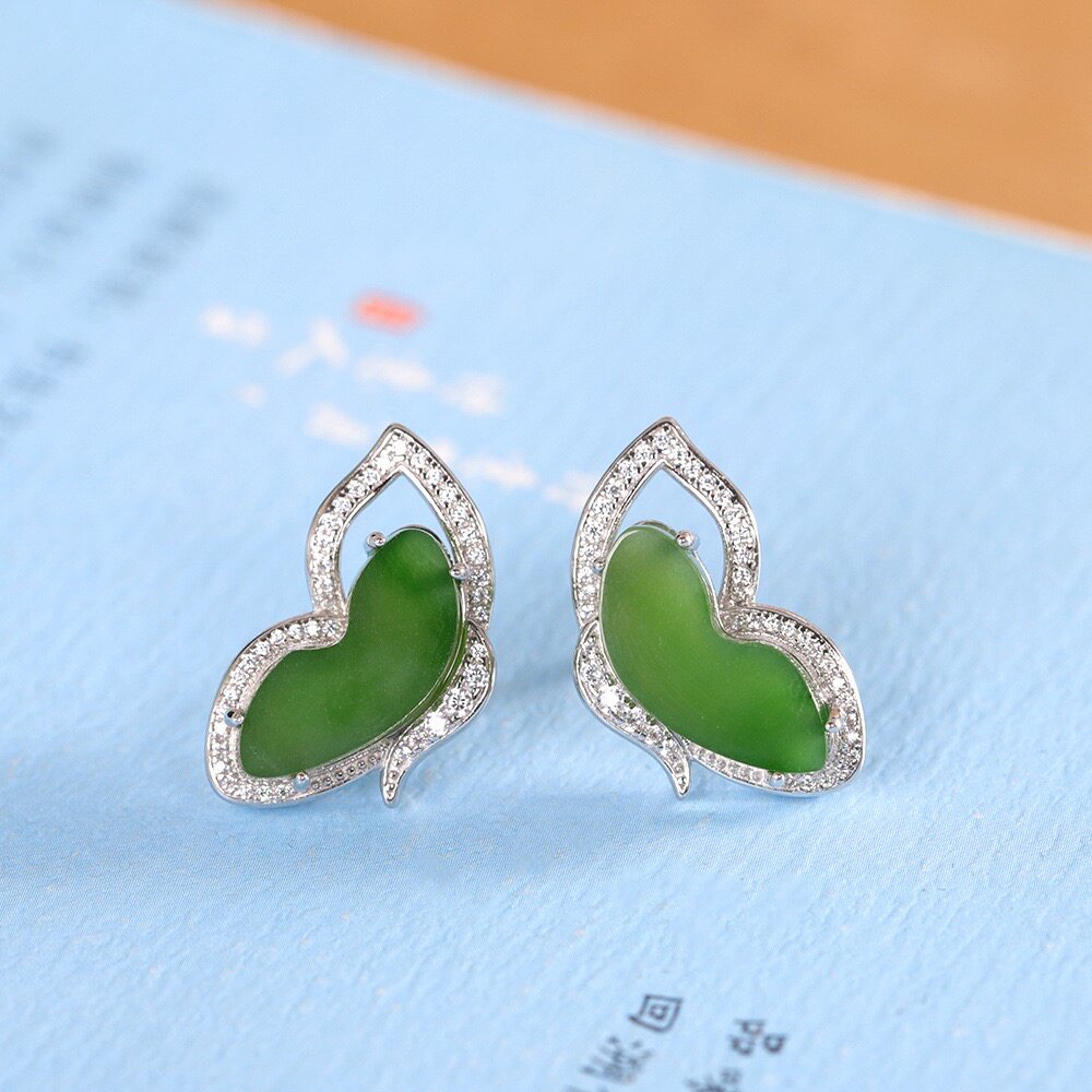 贵气S925纯银天然和田碧玉蝴蝶耳钉女轻奢时尚耳饰防过敏礼物正品