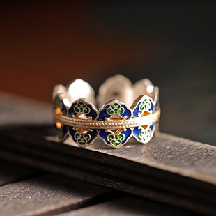 国潮足银999宝相花戒指女开口描金珐琅纯银指环复古文艺中国风