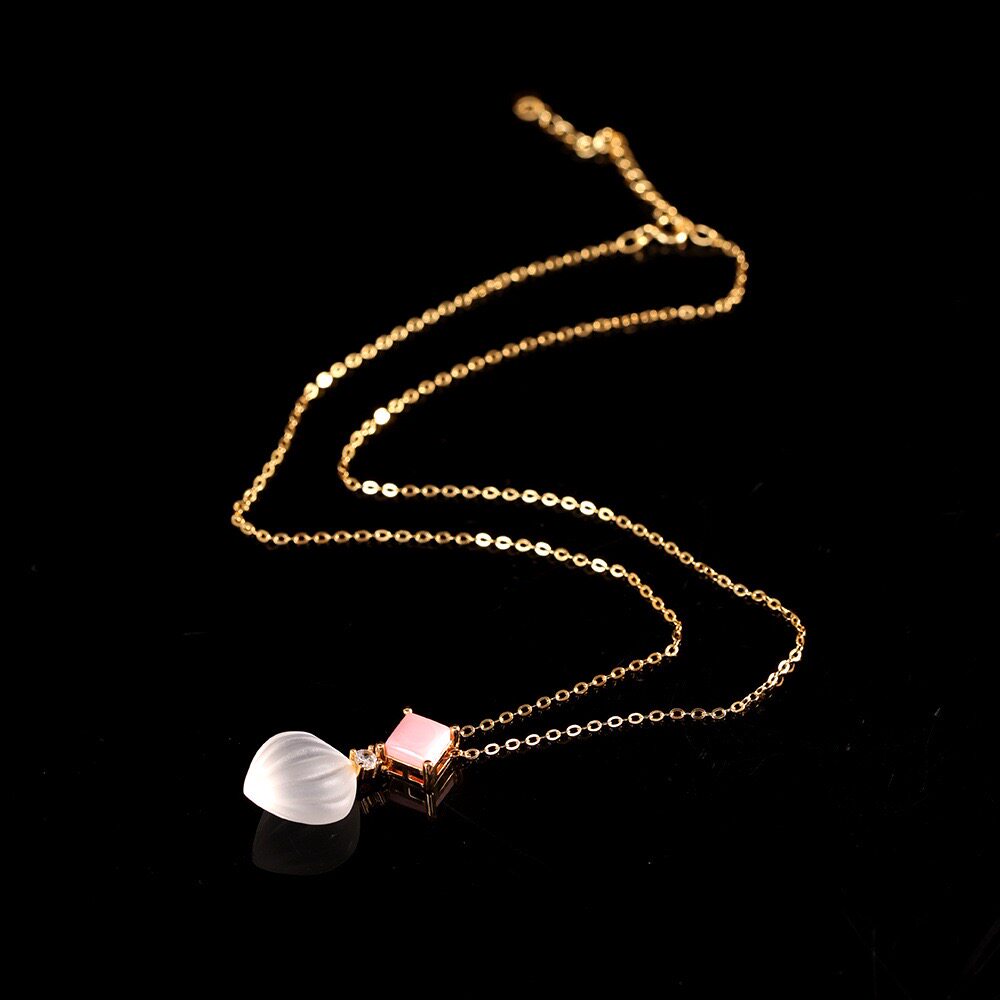 气质S925纯银镀金爱心水晶项链女精致复古甜美粉贝吊坠套链礼物