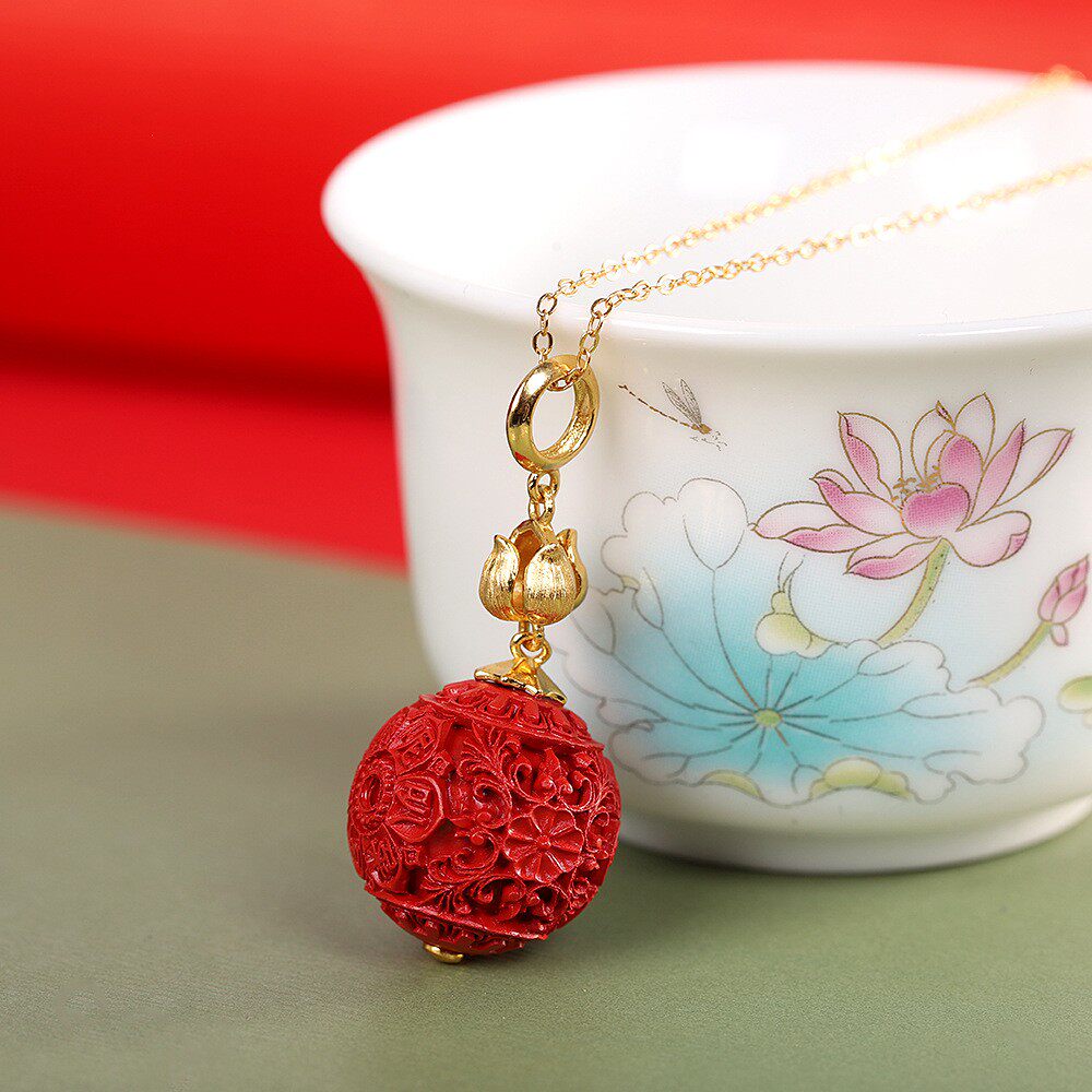 六字真言925纯银镀金莲花朱砂吊坠立体雕刻复古时尚项链红色饰品