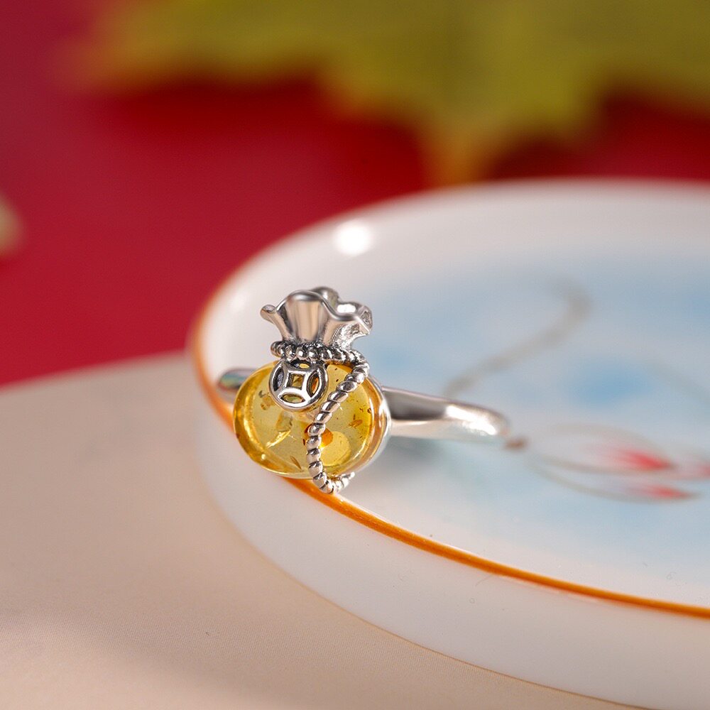 气质S925纯银琥珀福袋戒指女开口复古时尚镶嵌指环百搭银饰礼物