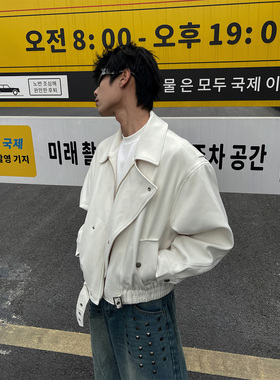 THREENINE 小众解构设计感白色机车夹克男女短款垫肩外套宽松潮